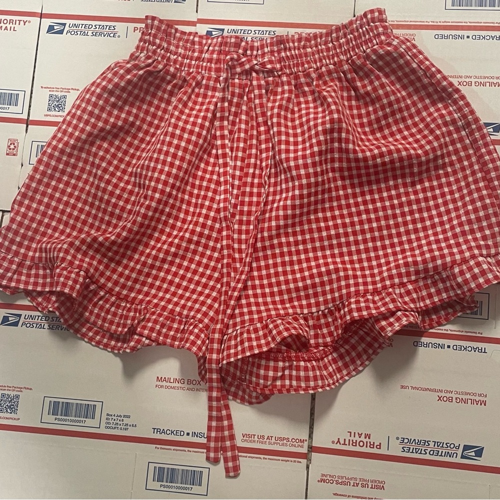 Red Gingham Drawstring Skort with Ruffle Hem